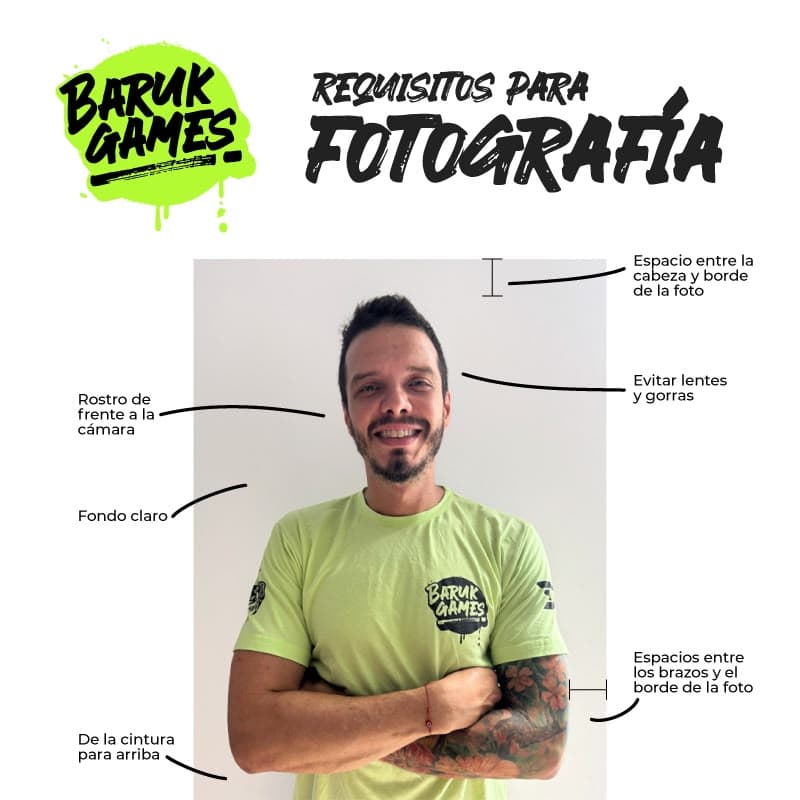 Requisitos para la foto: rostro de frente a la cámara, fondo claro, de la cintura para arriba, espacio entre la cabeza y el borde de la foto, evitar lentes y gorras, espacio entre los brazos y el borde de la foto